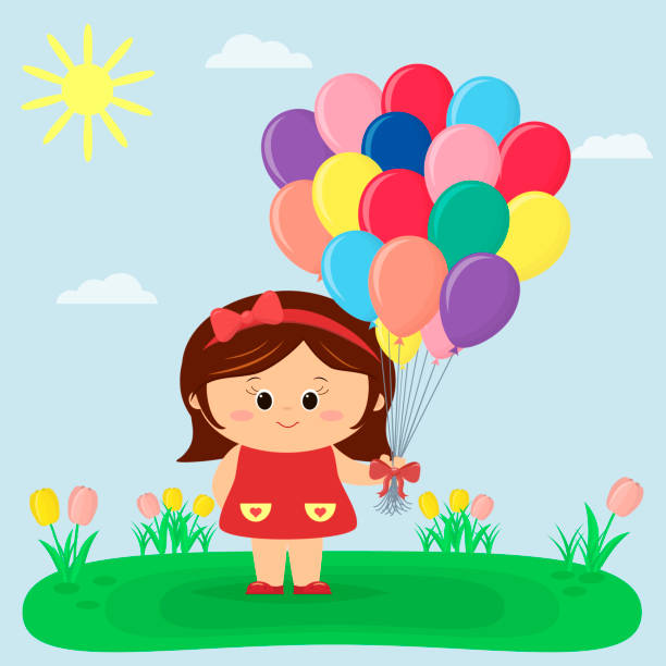illustrations, cliparts, dessins animés et icônes de une fille dans une robe rouge et l’arc tient des ballons, une clairière avec des tulipes, le soleil et le ciel - sun sky child balloon