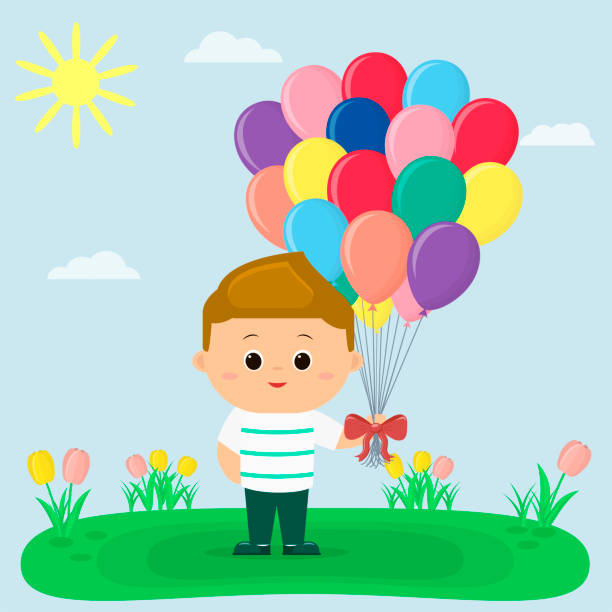 ein junge in einem gestreiften t-shirt hält luftballons in einer lichtung mit tulpen, sonne und himmel - sun sky child balloon stock-grafiken, -clipart, -cartoons und -symbole