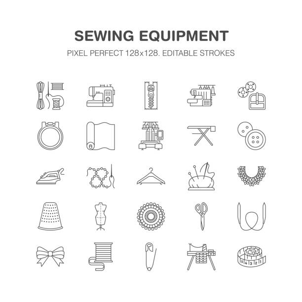 швейное оборудование, портной поставляет плоские иконки линии набора. аксессуары для рукоделия - швейная вышивка, булавка, игла, нить, молни - лента для шитья stock illustrations