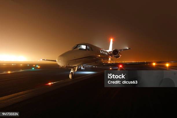 Business Jet Ready For Take Off Stock Photo - Download Image Now - Corporate Jet, Night, Private Airplane