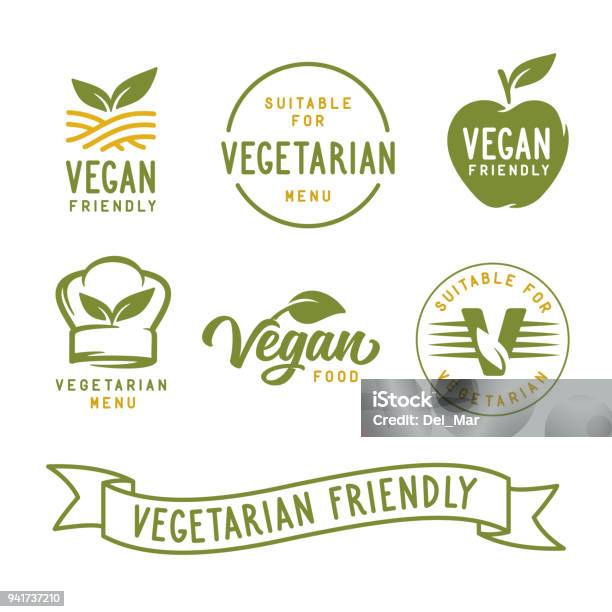 Adatto Per Vegetariani Set Di Etichette Vegane Correlate Illustrazione Vintage Vettoriale - Immagini vettoriali stock e altre immagini di Logo