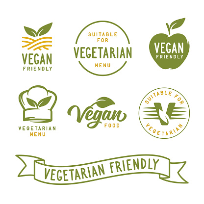 Suitable for vegetarian. Vegan related labels set. Stickers for food products. Healthy food icons. Vector vintage illustration.