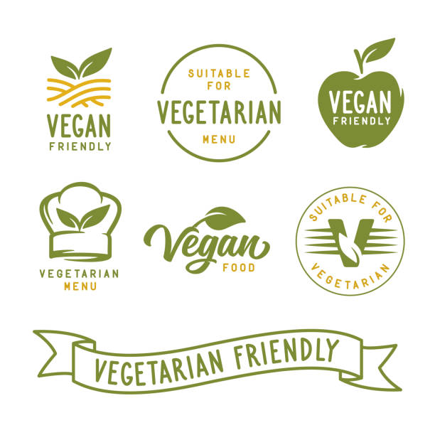 Suitable for vegetarian. Vegan related labels set. Vector vintage illustration. Suitable for vegetarian. Vegan related labels set. Stickers for food products. Healthy food icons. Vector vintage illustration. organic food stock illustrations