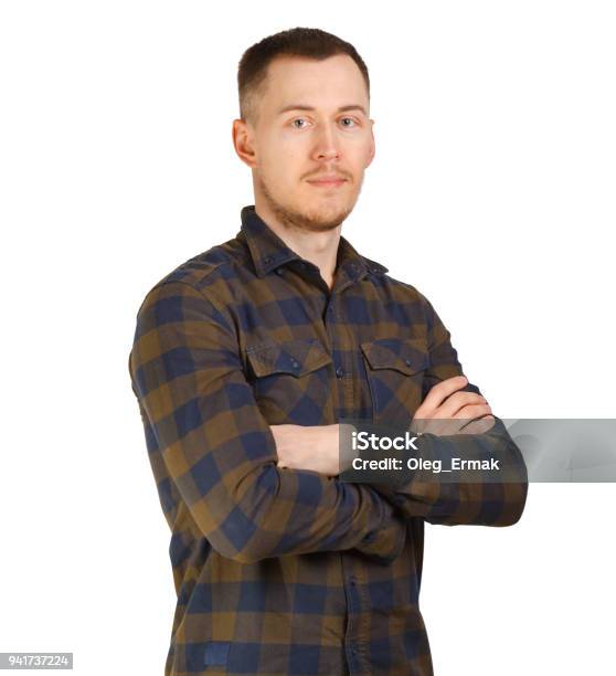 Portrait Man In A Checkered Shirt Arms Crossed On Chest Isolated On White Background Stock Photo - Download Image Now