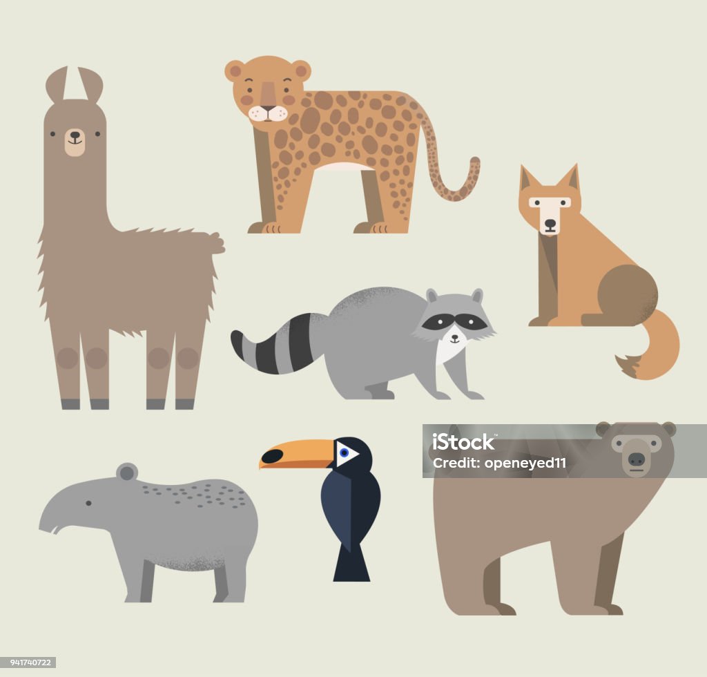 Vector set Wild animals. Lama, raccoon, tapir, grizzly bear, coyote, cockatoos and jaguar. North and South America. Flat style character. Animal stock vector