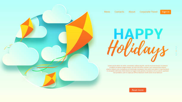 bildbanksillustrationer, clip art samt tecknat material och ikoner med happy holidays webbmall banner - flying kite