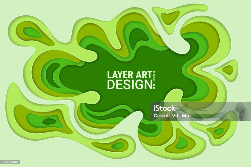 Cut off wavy sheets of paper. 3D abstract relief image. Bright colorful vector layers. Green waves on a light background. Origami style. Art of carving. Modern design. Template for brochure, banner. Abstract stock vector