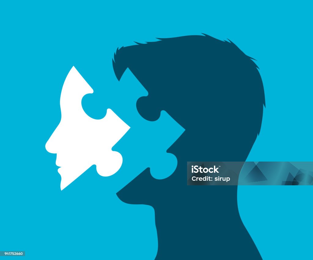 Illustration of a head with missing puzzle piece Conceptual rendering of a head with puzzle piece in place of a face against a blue background, vector illustration Incomplete stock vector