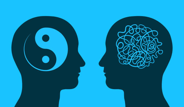 ilustraciones, imágenes clip art, dibujos animados e iconos de stock de yin yang y caos el símbolo en la cabeza de pensar - therapy mental illness behavior mental health