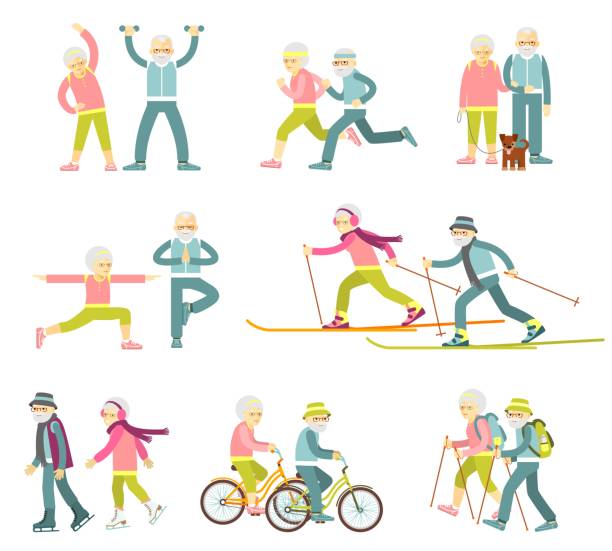 ilustrações, clipart, desenhos animados e ícones de conjunto de caracteres sênior de homem e mulher em estilo simples, isolado no fundo branco - senior adult couple mature adult bicycle