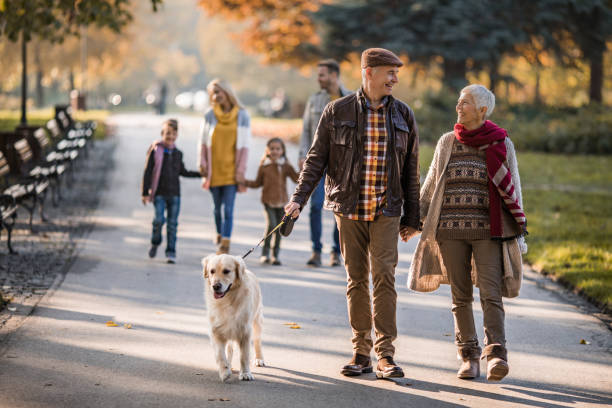 Happy grandparents talking while walking their dog at the park.