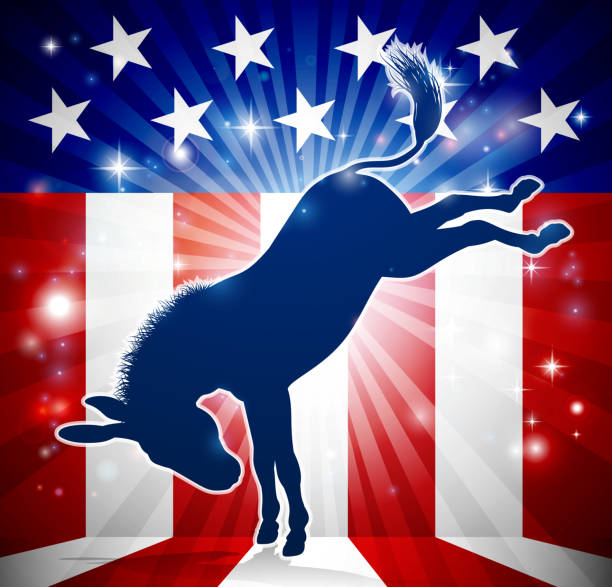 Donkey Democrat Political Mascot Kicking A donkey in silhouette kicking with an American flag in the background democrat political mascot burro stock illustrations