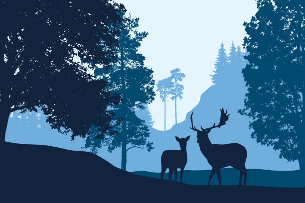 istock Deer and hind standing among trees in landscape with hill under blue sky - vector 941756986