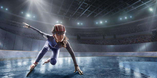 slide de atleta feminina short track na arena de gelo profissional - ski arena - fotografias e filmes do acervo