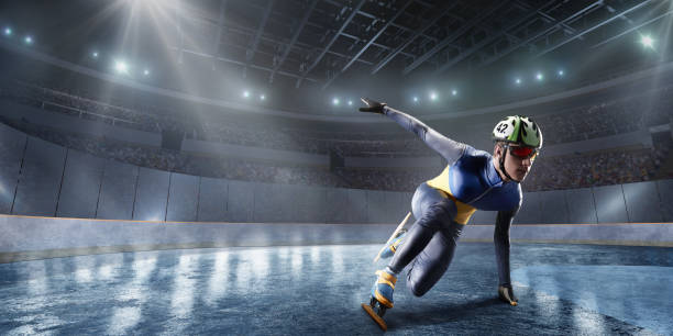 mężczyzna short track sportowiec slajdów w profesjonalnej arenie lodowej - ski arena zdjęcia i obrazy z banku zdjęć