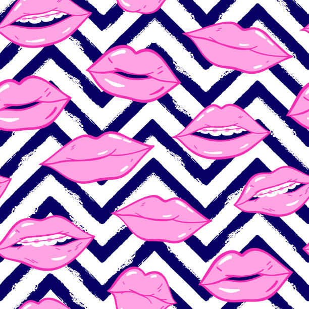ilustraciones, imágenes clip art, dibujos animados e iconos de stock de belleza, maquillaje, moda estética patrón. color rosa vector doodle parches de labios en estilo pop art de los años 80-90. boca de emociones sexy de mujer. - fish lips illustrations