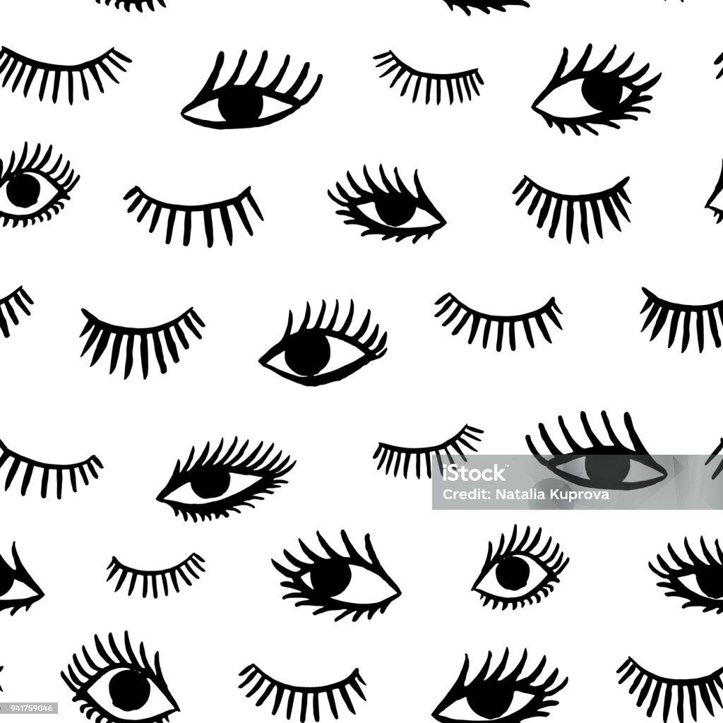 Hand drawn eye doodles seamless pattern in retro style. Vector beauty illustration of open and close eyes for cards, textiles, wallpapers, backgrounds. Eyes Closed stock vector