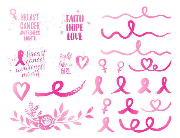 illustrazioni stock, clip art, cartoni animati e icone di tendenza di nastro del mese di sensibilizzazione sul cancro al seno, faith hope love, fight like a girl banner, elementi impostati. testo sfumato rosa vettoriale su sfondo bianco con nastro, arco, bouquet, cuore, onda. - nastro-rosa