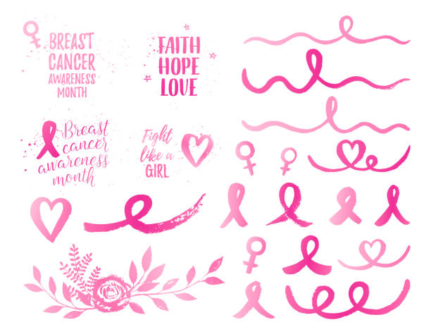 유방암 인식 달 리본, 믿음 희망 사랑, 여자 배너, 요소 집합 처럼 싸움. 벡터 핑크 리본, 활, 꽃다발, 마음, 파와 흰색 배경에 그라데이션 텍스트입니다. - breast cancer awareness ribbon stock illustrations