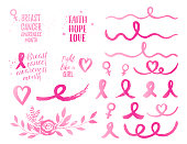istock Breast Cancer Awareness Month ribbon, Faith Hope Love, Fight like a Girl banner, elements set. Vector pink gradient text on white background with ribbon, bow, bouquet, heart, wave. 941759052