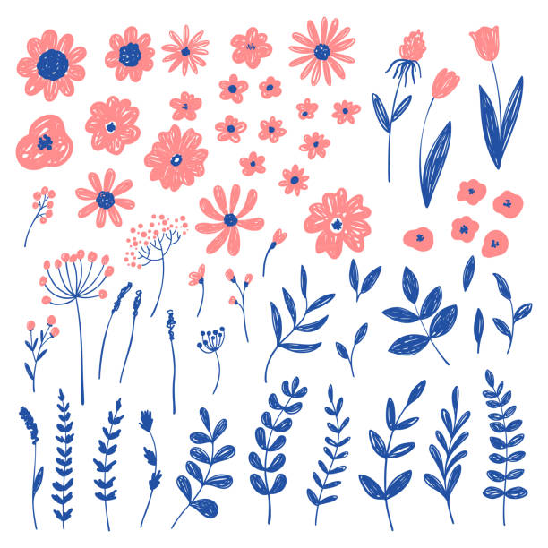 ręcznie rysowane moda różowe elementy kwiatowe. wektor doodle tło - rysunek ilustracje stock illustrations