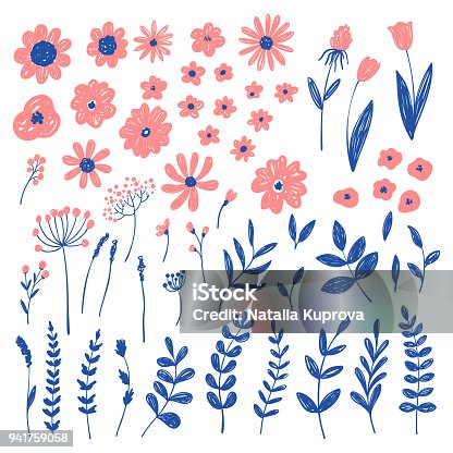 istock Hand drawn fashion pink floral elements. Vector doodle background 941759058