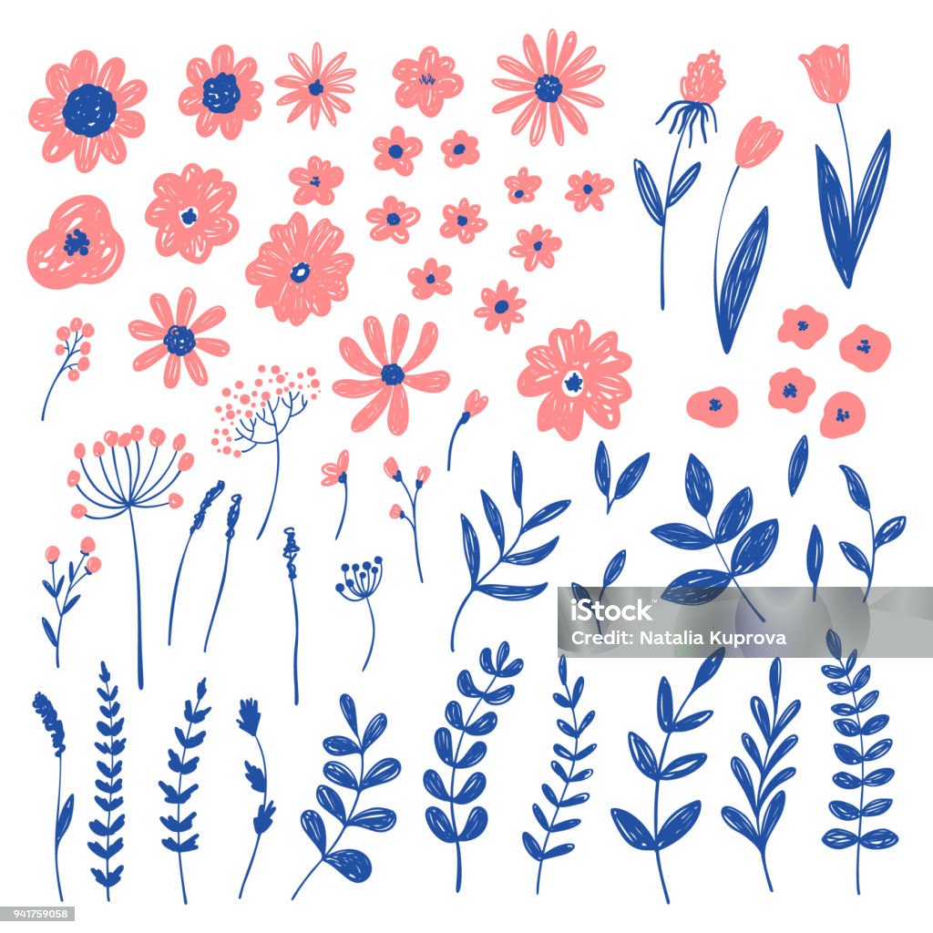 Hand drawn fashion pink floral elements. Vector doodle background Flower stock vector
