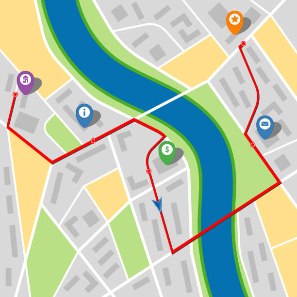 istock City map of an imaginary city with a river and multi-stop route 941763062