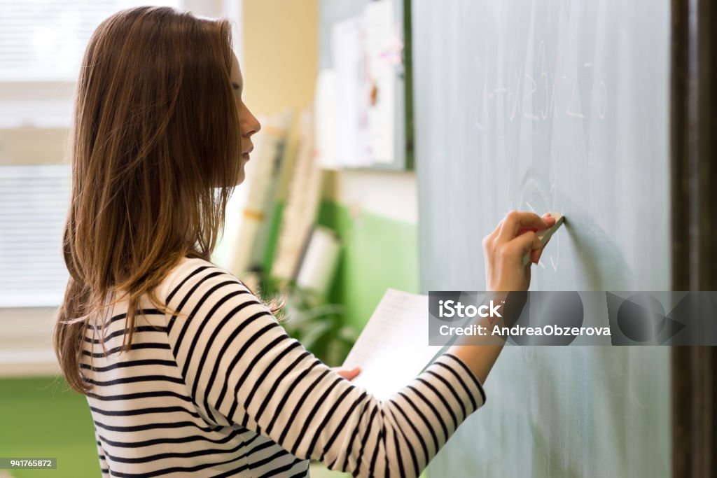 Young female teacher or a student writing math formula on blackboard in classroom. Teacher Stock Photo