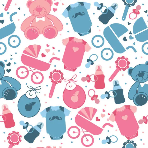 Vector illustration of Baby clothes and toys seamless pattern