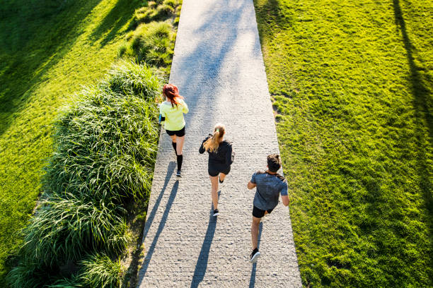 Young athtletes in the city running in park. Group of young athletes running on a concrete path in green sunny park. Top view. three amigos stock pictures, royalty-free photos & images