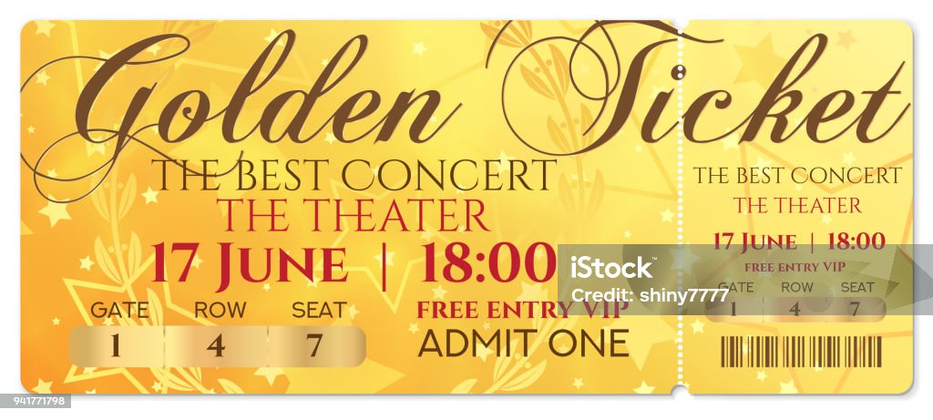 Gold ticket, golden token (tear-off ticket, coupon) with star magical background. Useful for any festival, party, cinema, event, entertainment show Gold - Metal stock vector