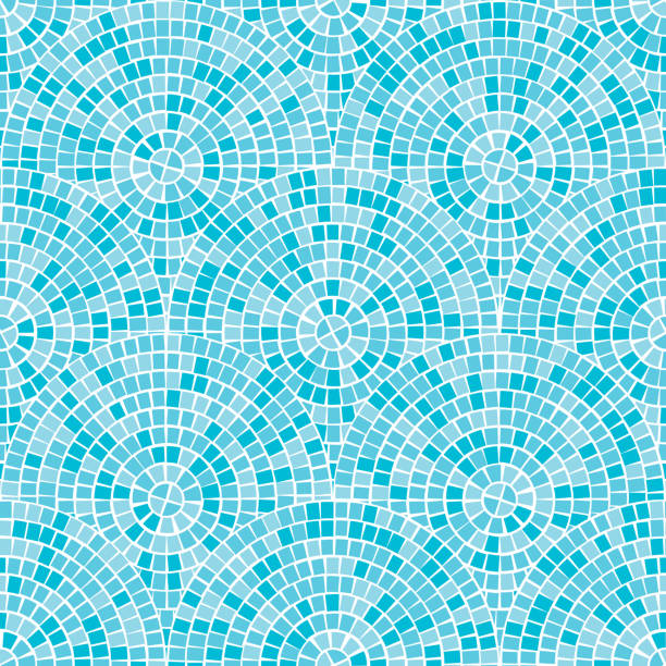 ilustraciones, imágenes clip art, dibujos animados e iconos de stock de patrón sin fisuras de mosaico abstracto azul. fragmentos de un círculo trazado de trencadís de azulejos. fondo de vector. - trencadis