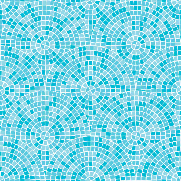 Blue abstract mosaic seamless pattern. Fragments of a circle laid out from tiles trencadis. Vector background. Abstract mosaic seamless pattern. Fragments of a circle laid out from a mosaic tiles trencadis. Neutral light Vector background for design and decorate backdrop. Ceramic tile fragments endless texture bathroom backgrounds stock illustrations