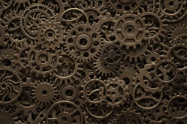 Brass cogwheels, steampunk background, texture with copy space