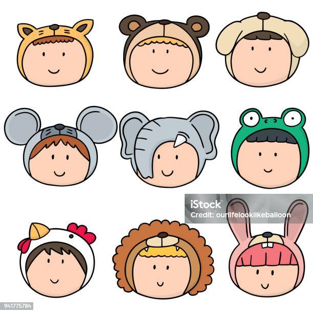 Kid With Animal Hat Stock Illustration - Download Image Now - Animal, Bear Suit, Animal Wildlife