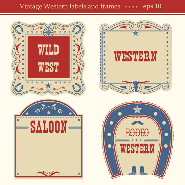 zachodnie etykiety. symbole wektorowe i tablice odizolowane na białym - cowboy rodeo wild west bull stock illustrations