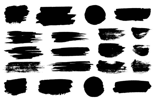 bintik-bintik kuas cat hitam vektor, garis highlighter atau gumpalan horizontal penanda pena ujung terasa. penanda pena atau brushstrokes dan garis putus-putus. noda bentuk abstrak noda tinta dan oleskan set dengan tekstur - cat ilustrasi stok