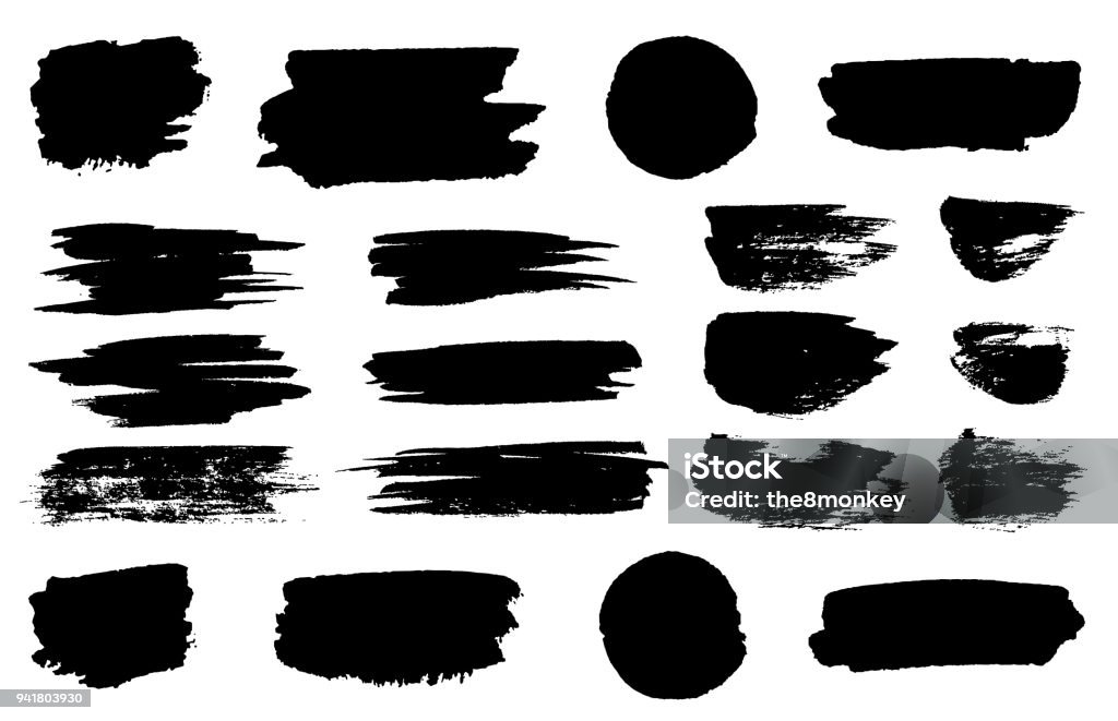 Vector black paint brush spots, highlighter lines or felt-tip pen marker horizontal blobs. Marker pen or brushstrokes and dashes. Ink smudge abstract shape stains and smear set with texture - Royalty-free Pincel arte vetorial