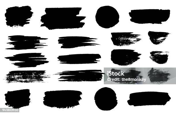 Vector Black Paint Brush Spots Highlighter Lines Or Felttip Pen Marker Horizontal Blobs Marker Pen Or Brushstrokes And Dashes Ink Smudge Abstract Shape Stains And Smear Set With Texture - Arte vetorial de stock e mais imagens de Pincel