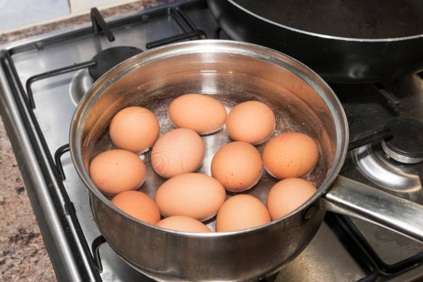 Hard boiled brown eggs in a metal saucepan stock photo