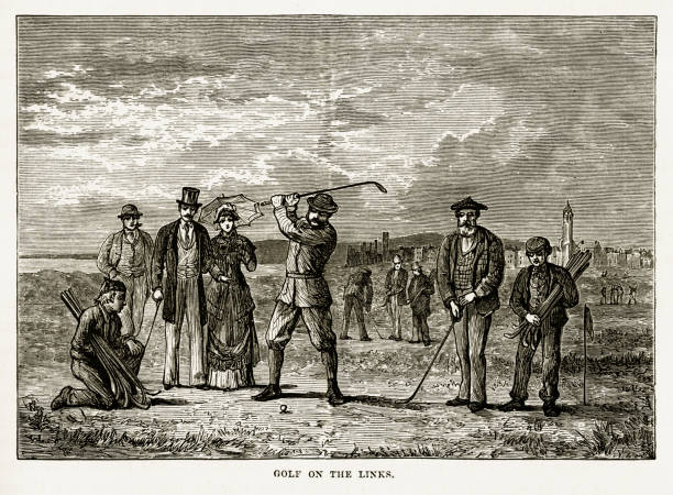 Playing the Links in St. Andrew’s, Scotland Victorian Engraving, 1840 Very Rare, Beautifully Illustrated Antique Engraving of Playing the Links in St. Andrew’s, Scotland Victorian Engraving, 1840. Source: Original edition from my own archives. Copyright has expired on this artwork. Digitally restored. fife county stock illustrations