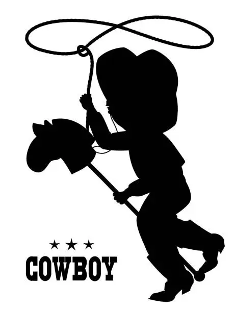 Vector illustration of little boy in cowboy hat  on toy horse
