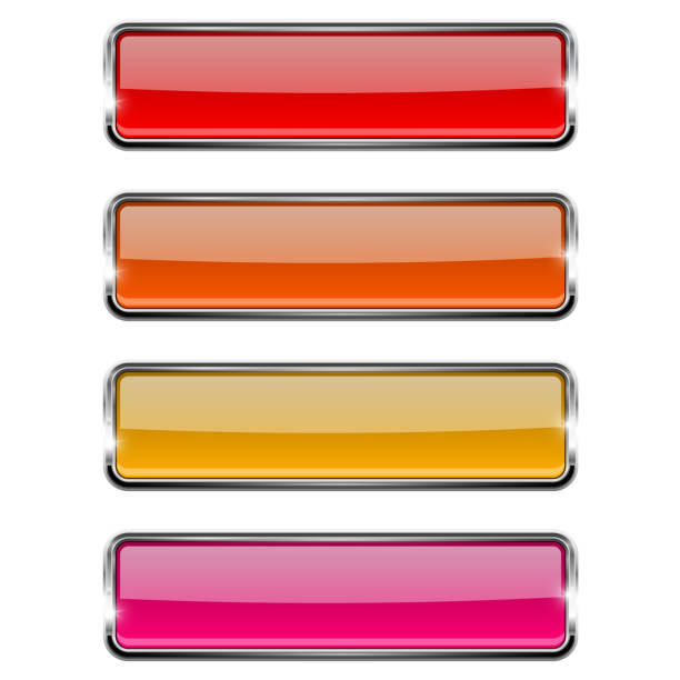 ilustrações de stock, clip art, desenhos animados e ícones de set of red rectangle glass buttons with metal frame - shape rectangle chrome interface icons
