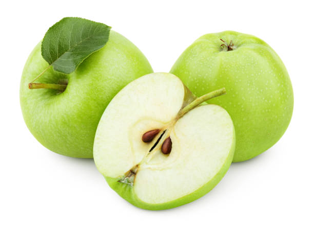 istock Green apple fruit with half and green leaf isolated on white 941822122