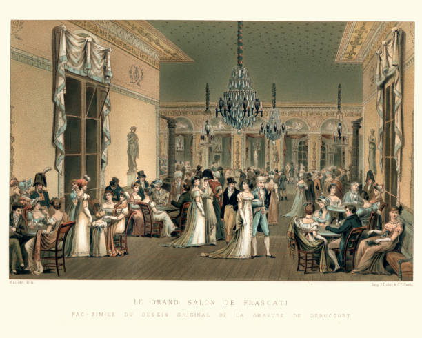 Vintage engraving of The Grand Salon of Frascati, Rome late 18th Century. After Philibert-Louis Debucourt