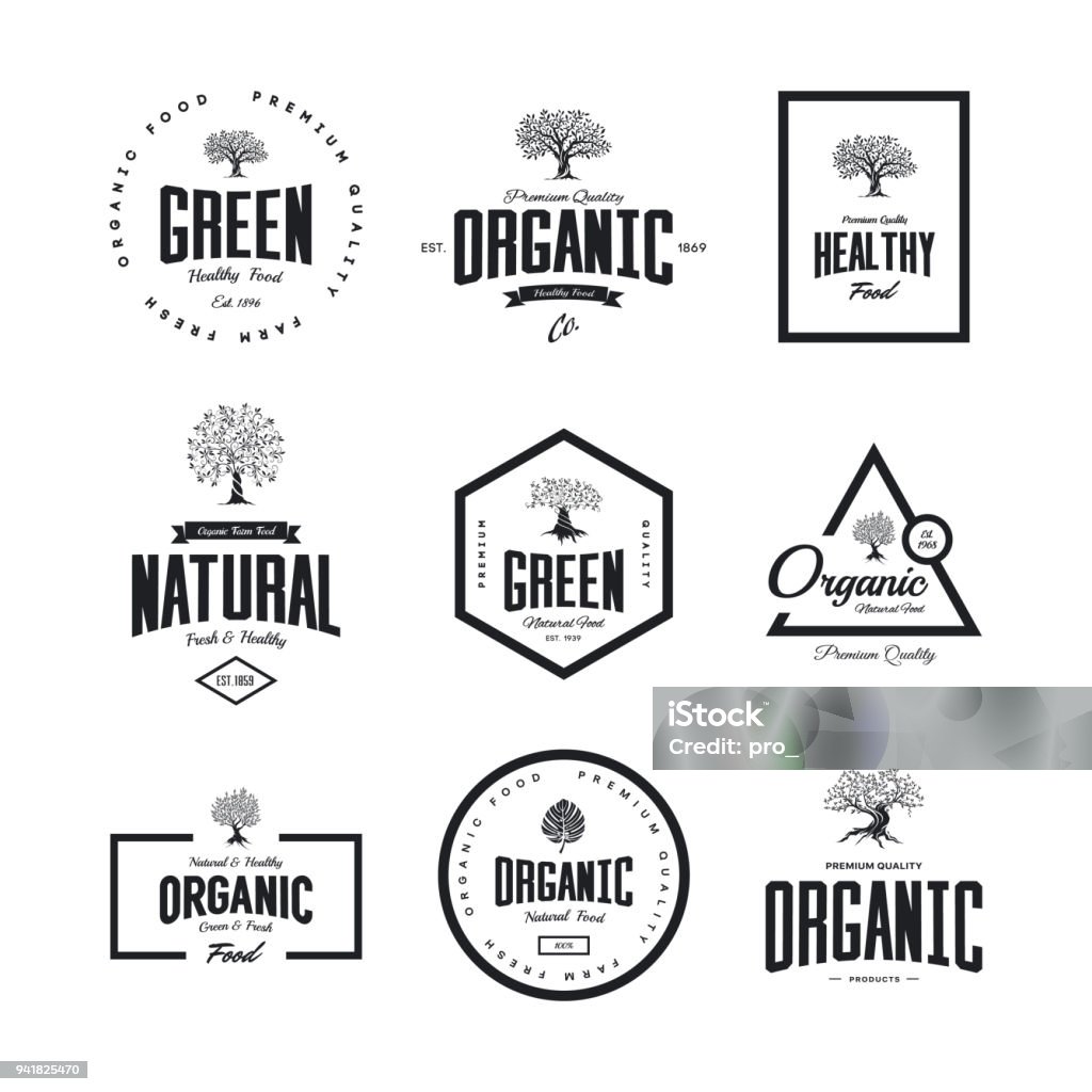 Set di emblemi retrò di cibo fresco naturale e sano della fattoria biologica. - arte vettoriale royalty-free di Logo