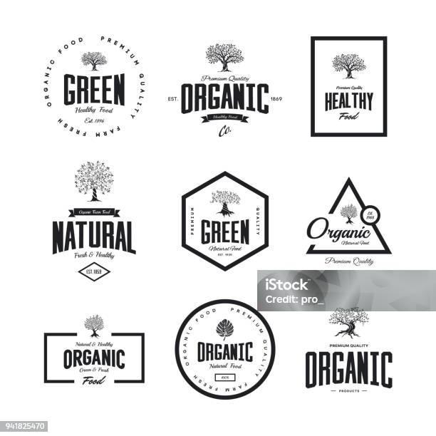 유기 자연 하 고 건강 한 농장 신선한 식품 복고풍 엠 블 럼 세트 로고에 대한 스톡 벡터 아트 및 기타 이미지 - 로고, 나무, 복고풍