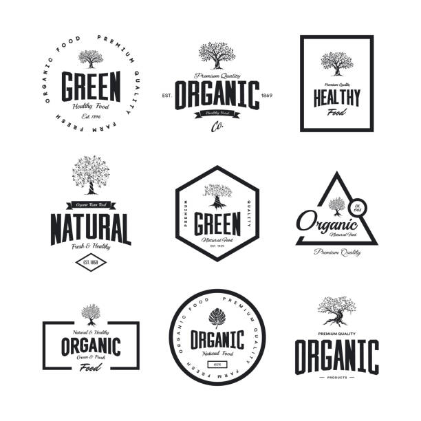 ilustrações de stock, clip art, desenhos animados e ícones de organic natural and healthy farm fresh food retro emblem set. - olive tree tree olive leaf