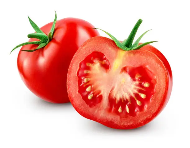 Photo of Tomato with slice isolated. With clipping path.